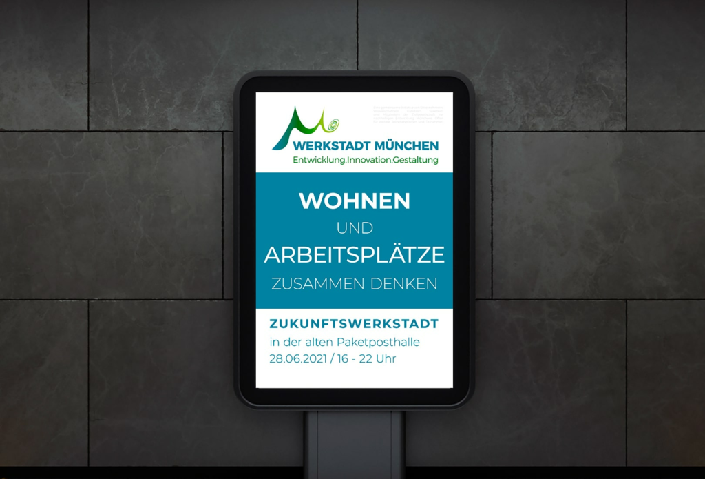 Mockup eines Light Posters mit Logo und Inhalten zur Werkstadt München