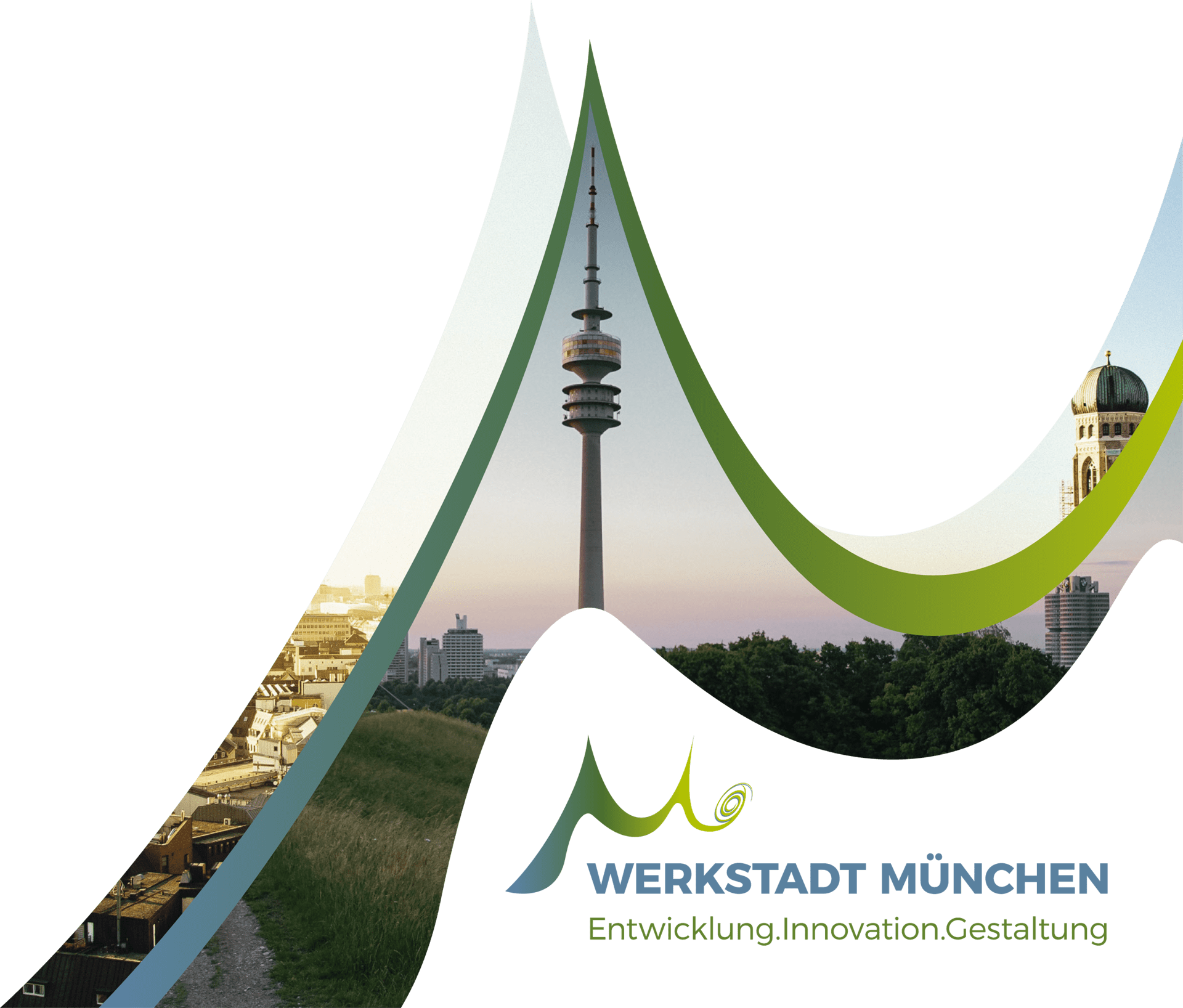 Das Logo der Werkstadt München, einer Initiative für Entwicklung, Innovation und Gestaltung der Stadt München. Es wird durch ein schwungvollen M in einem grün-blauen-Verlauf dargestellt. Im Header wird das M über dem Logo nochmal mehrmals in groß platziert und mit Bildern aus München gefüllt sowie mit dem blau-grünen verlauf, der sich durch die gesamte Gestaltung zieht.