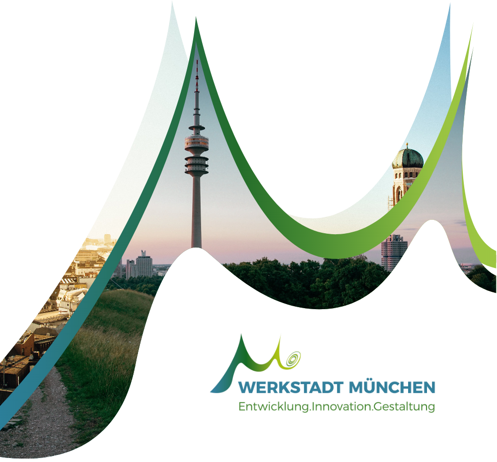 Das Logo der Werkstadt München, einer Initiative für Entwicklung, Innovation und Gestaltung der Stadt München. Es wird durch ein schwungvollen M in einem grün-blauen-Verlauf dargestellt. Im Header wird das M über dem Logo nochmal mehrmals in groß platziert und mit Bildern aus München gefüllt sowie mit dem blau-grünen verlauf, der sich durch die gesamte Gestaltung zieht.