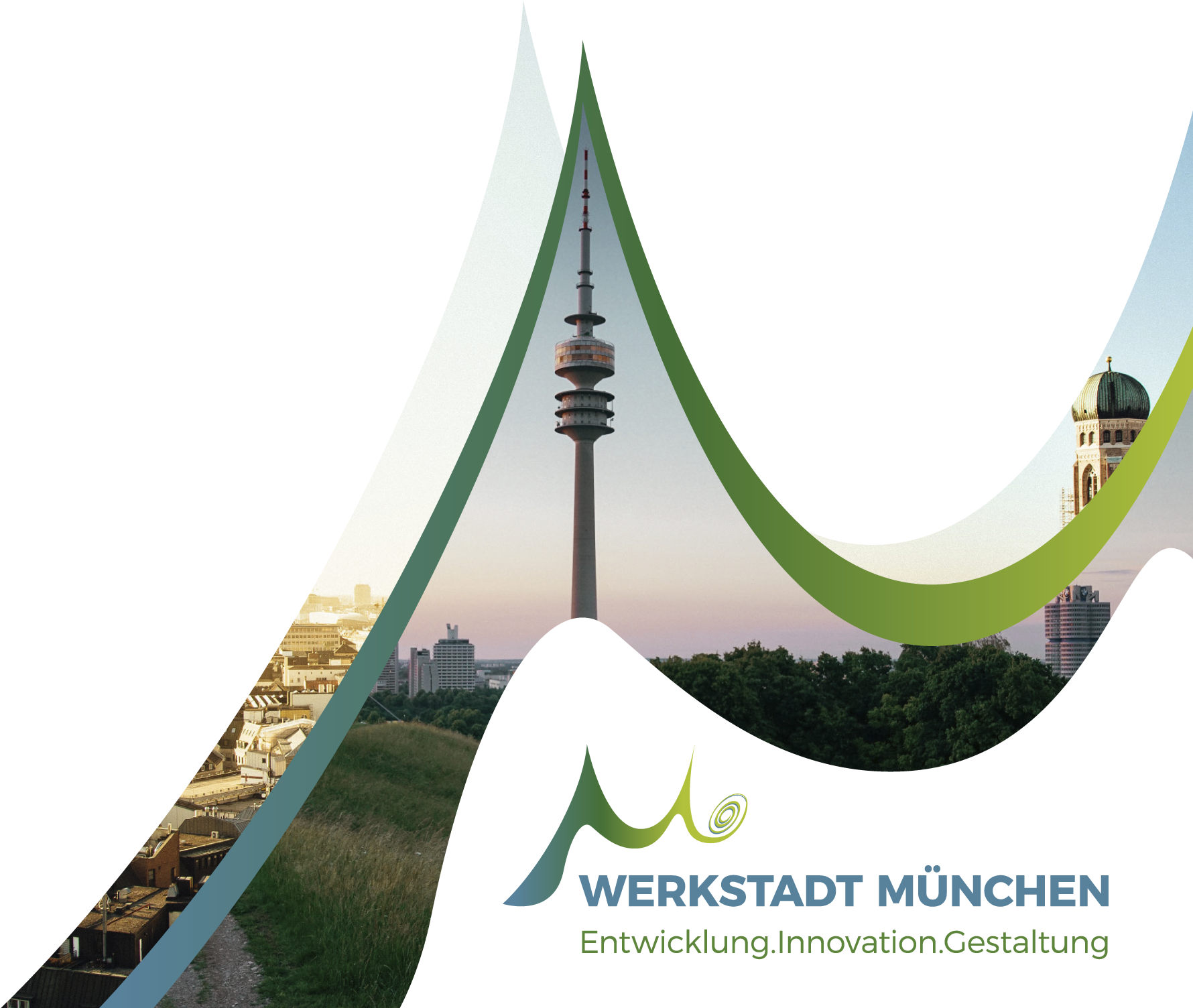 Das Logo der Werkstadt München, einer Initiative für Entwicklung, Innovation und Gestaltung der Stadt München. Es wird durch ein schwungvollen M in einem grün-blauen-Verlauf dargestellt. Im Header wird das M über dem Logo nochmal mehrmals in groß platziert und mit Bildern aus München gefüllt sowie mit dem blau-grünen verlauf, der sich durch die gesamte Gestaltung zieht.