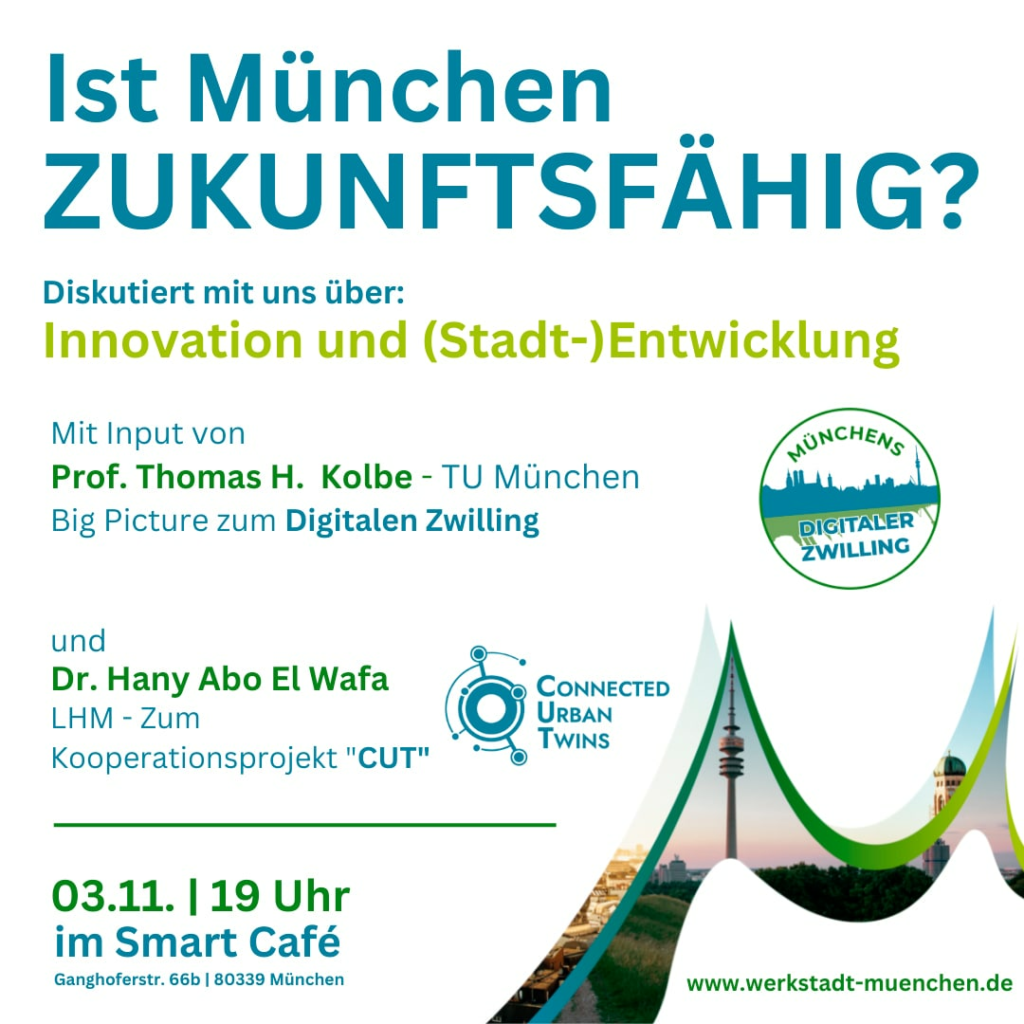 Infopost zur Veranstaltung "Ist München zukunftsfähig?" mit Vorträgen Prof. Thomas H. Kolbe und Dr. Hany Abo El Wafa.
