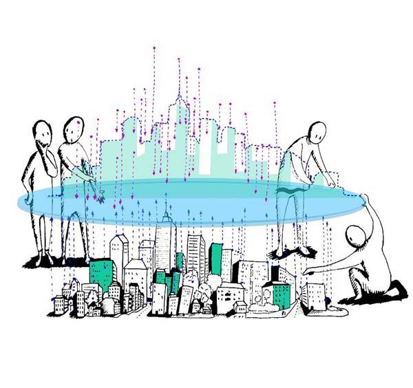 Illustration einer Stadtplanung mit vier Menschen, die den Entwurf beraten.