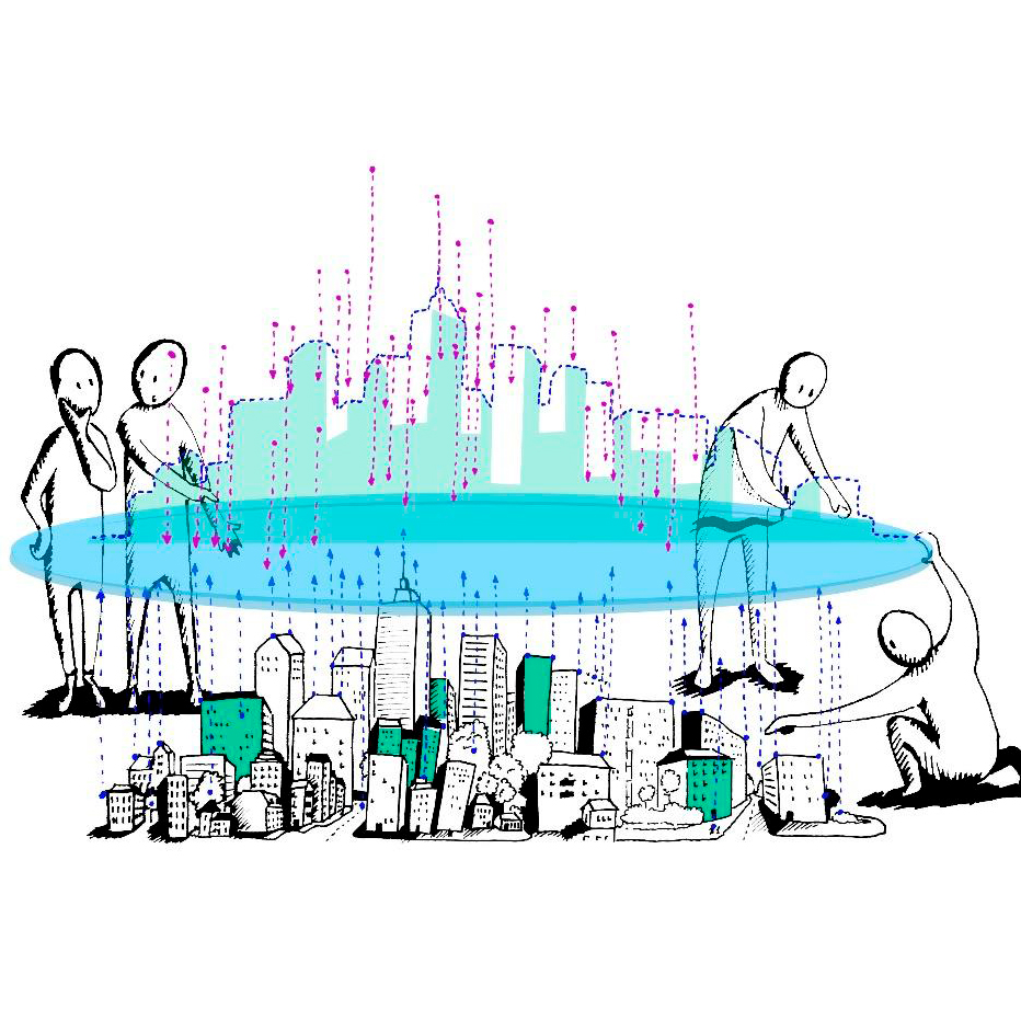 Illustration einer Stadtplanung mit vier Menschen, die den Entwurf beraten.