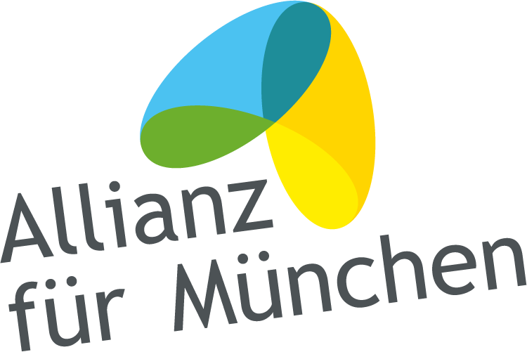 Das Logo der Allianz für München, ein Zusammenschluss von Unternehmen aus verschiedenen Branchen, Vereinen und Verbänden sowie Einzelpersonen, die sich für ein München mit Zukunft einsetzen wollen. Es wird durch ein grafisches Element aus blauen, gelben und grünen Flächen neben dem Verbandsnamen dargestellt.