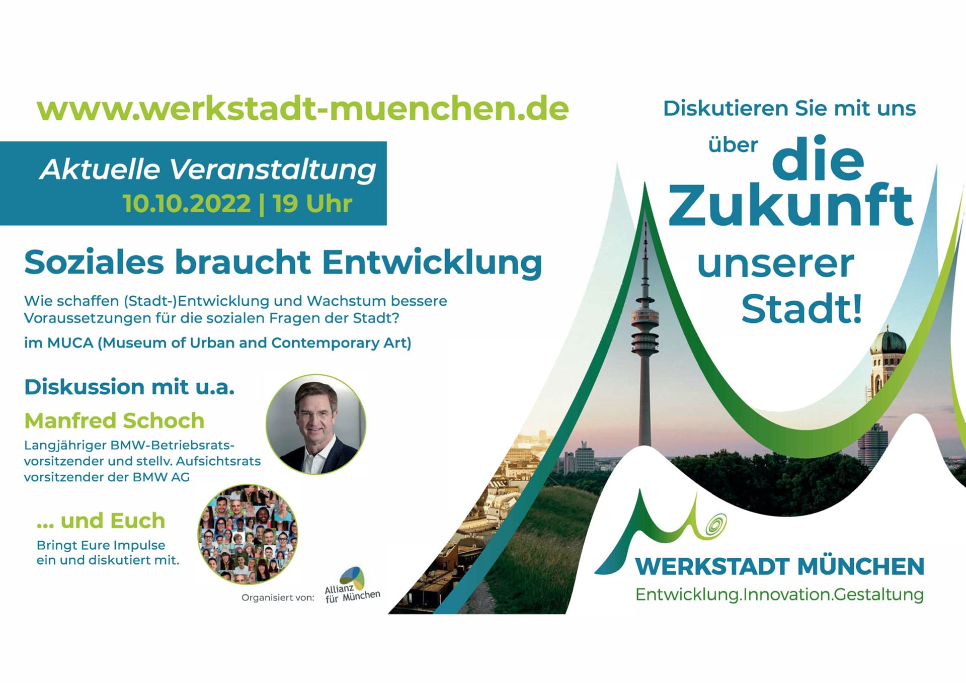 Infoplakat zur Veranstaltung "Soziales braucht Entwicklung" mit Vorträgen von BMW-Betriebsratsvorsitzenden und stllvertretendem Aufsichtsratsvorsitzendem der BMW AG Manfred Schoch und anderen.